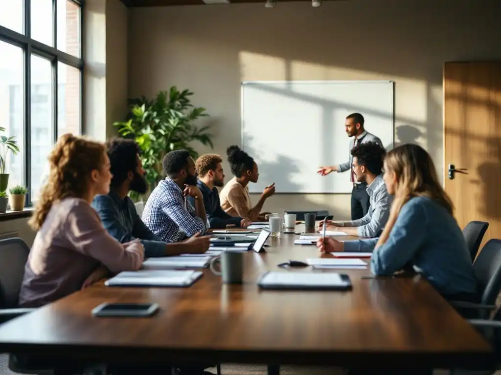 Diverse groep professionals rond vergadertafel tijdens training workshop, sommigen geëngageerd, anderen afgeleid
