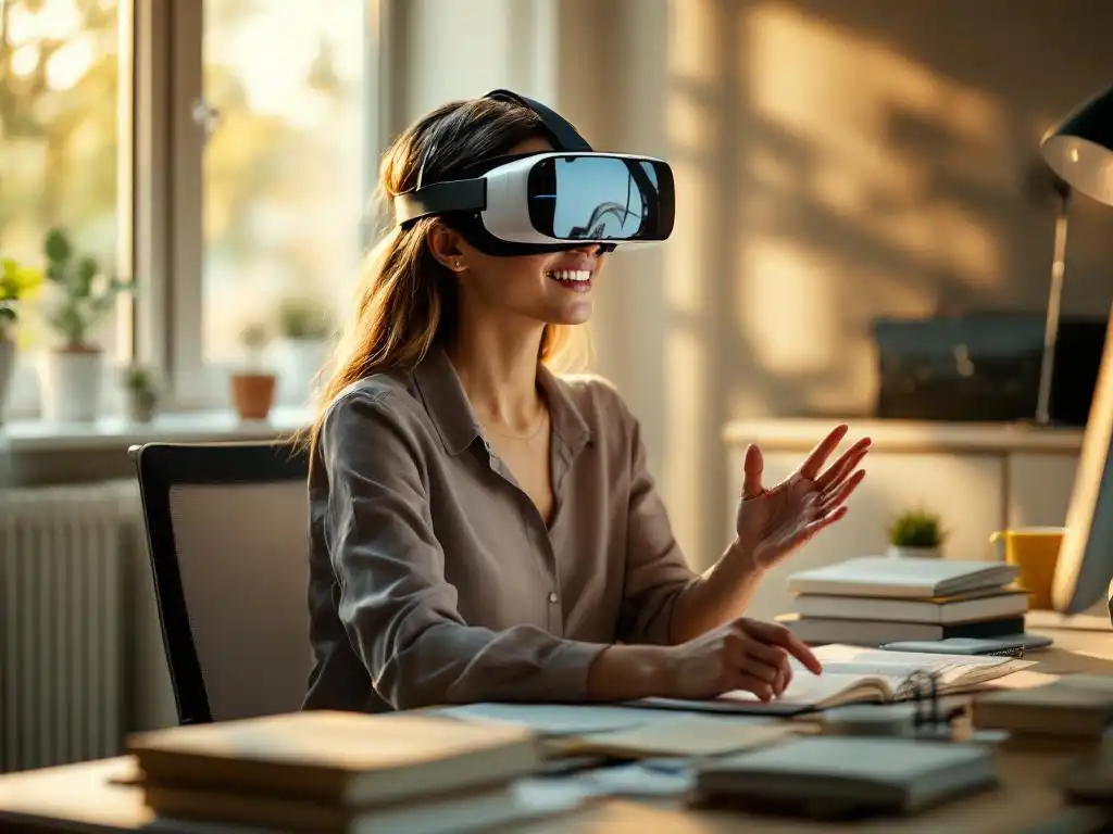 Professionele vrouw met VR-bril aan bureau, boeken en leermaterialen zichtbaar, natuurlijk licht door raam