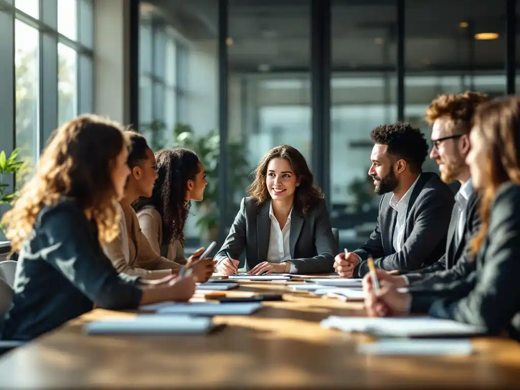 Zakenvrouw in pak begeleidt diverse groep medewerkers rond moderne vergadertafel in lichte kantoorruimte
