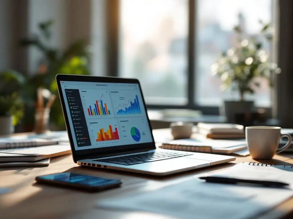 Laptop met kleurrijke datavisualisatie grafieken op bureau met smartphone, trainingsmaterialen en koffiekop