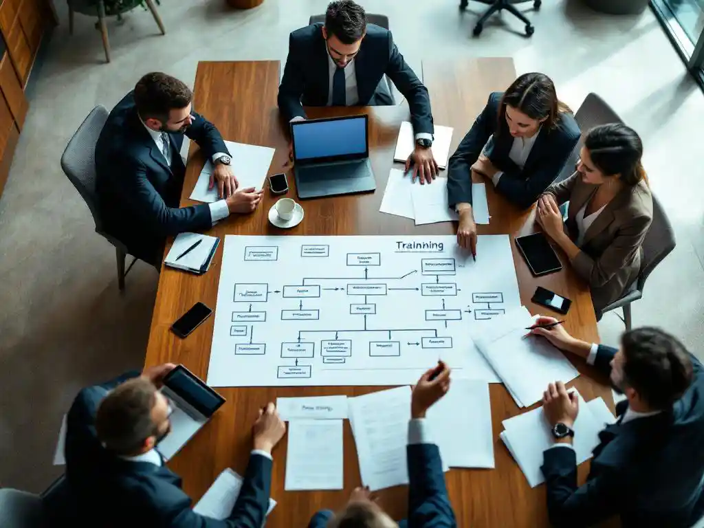 Zakelijke professionals bespreken organisatieschema rond houten vergadertafel met laptops en trainingsmateriaal