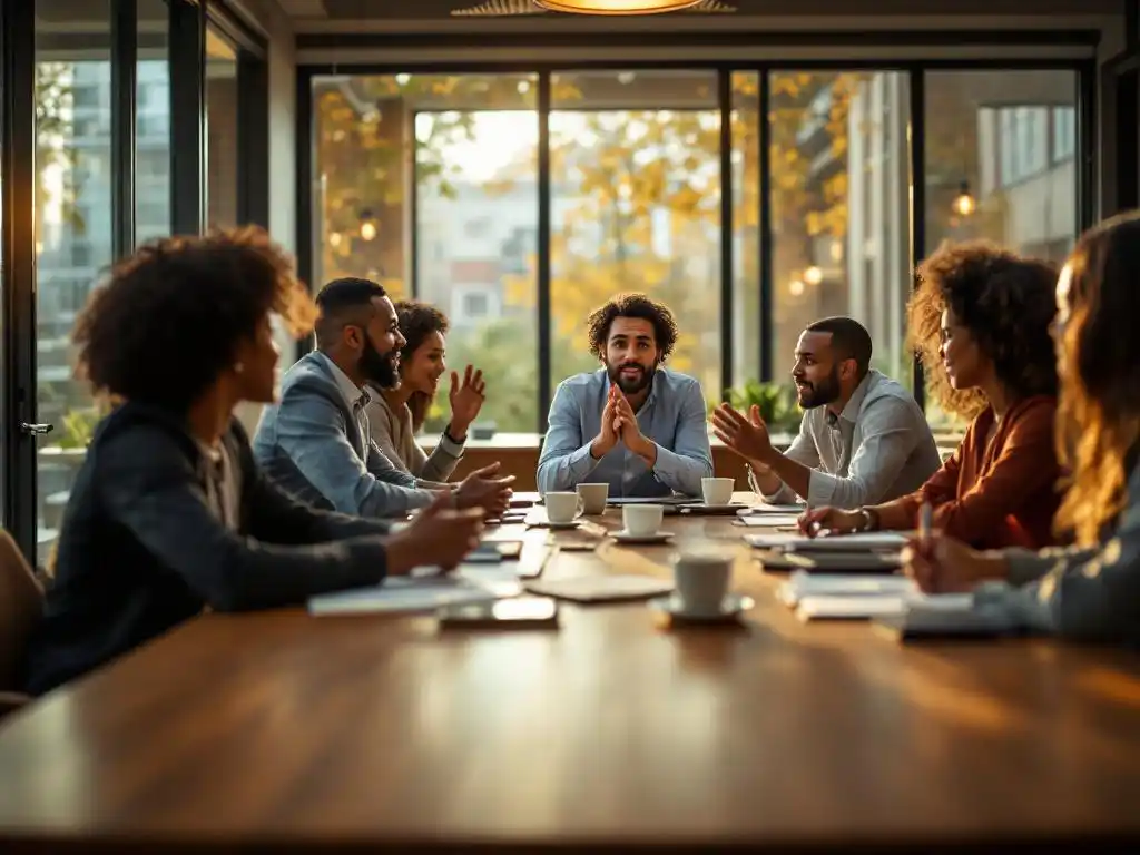 Diverse professionals in geanimeerde discussie rond moderne vergadertafel, één persoon gebarend terwijl anderen luisteren