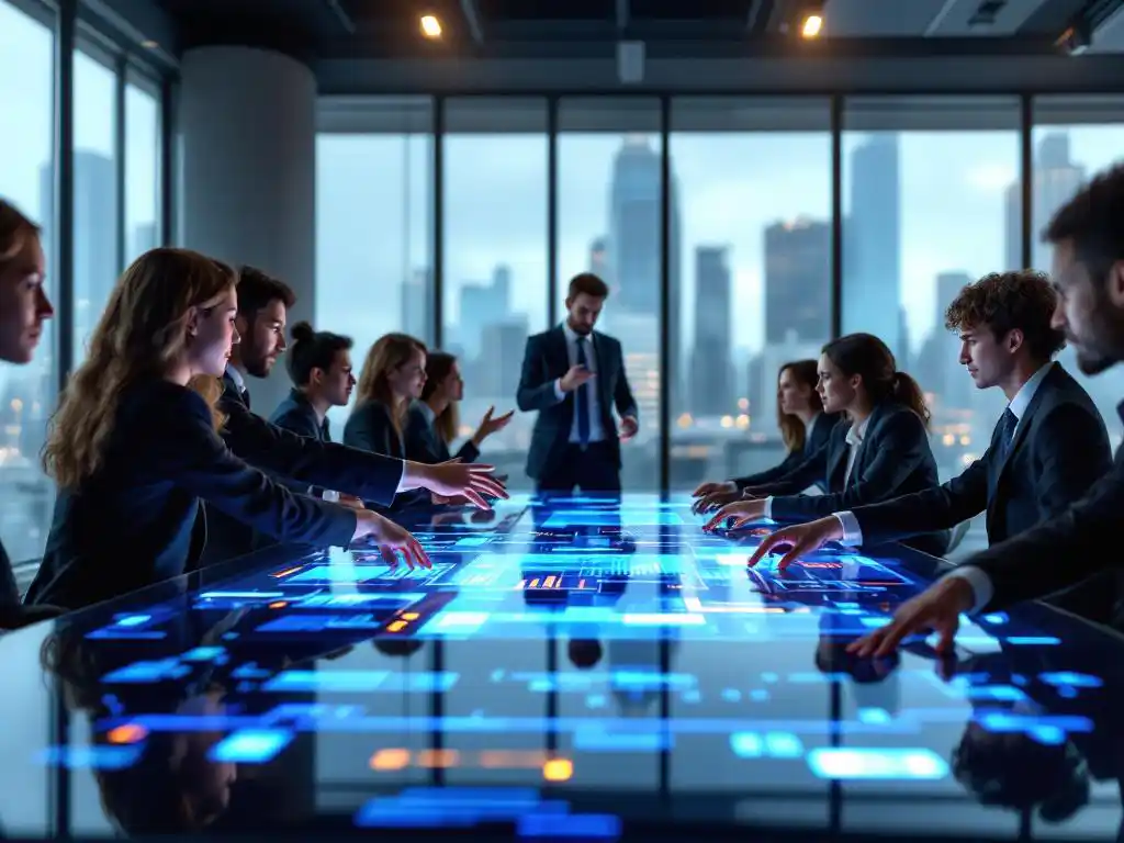 Diverse professionals gathered around interactive touchscreen table displaying 3D learning analytics in modern conference room