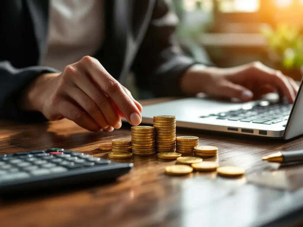 Zakenvrouw stapelt gouden munten naast laptop met spreadsheet, rekenmachine en pen op mahonie bureau