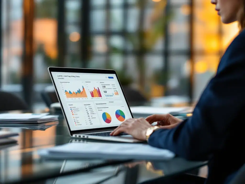 Zakenvrouw analyseert leeranalytics op laptop met kleurrijke voortgangsgrafieken in modern kantoor