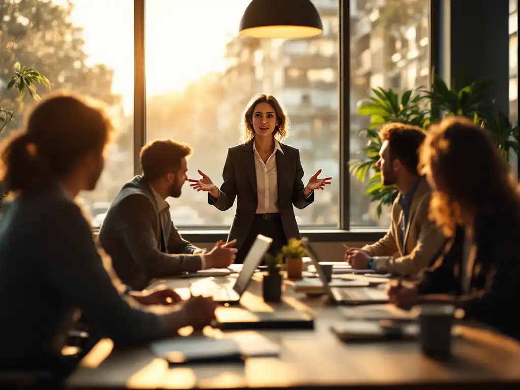 Professionele vrouw presenteert aan collega's rond moderne vergadertafel met laptops, natuurlijk licht door raam