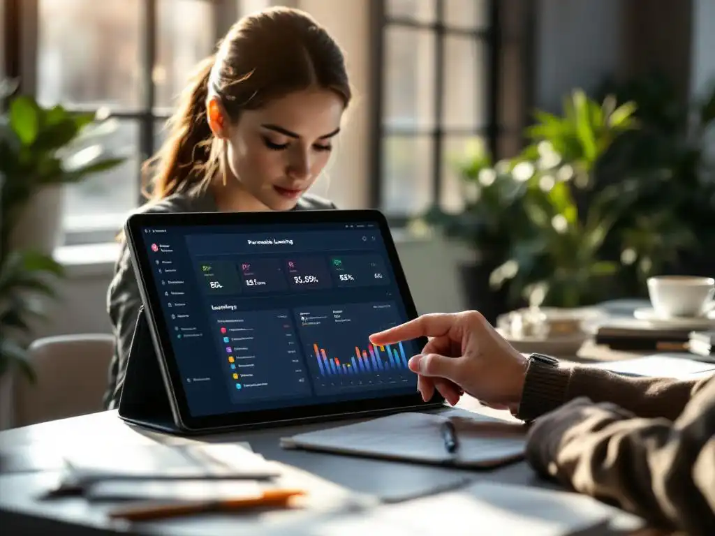 Zakenvrouw past instellingen aan op tablet met kleurrijke leerplatform dashboard aan modern bureau met koffie en plant