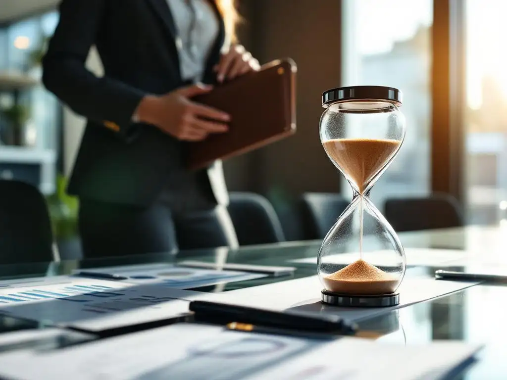 Professionele vrouw controleert tijd bij kantoor vergadertafel met zandloper en ontwikkelingsgrafieken