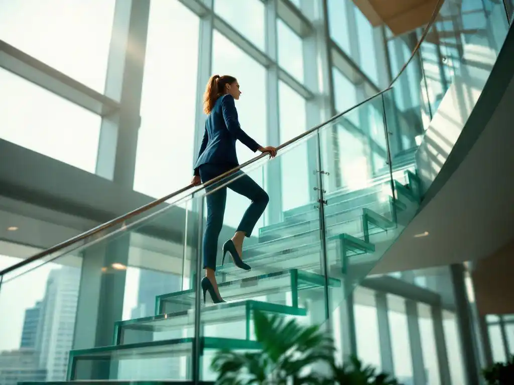 Professionele zakenvrouw in marineblauw pak klimt glazen trap met laptops en documenten in modern kantoor
