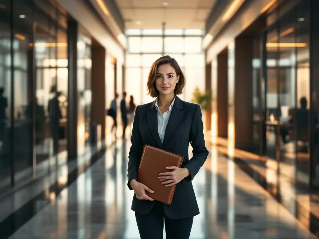 Zakenvrouw met portfolio staat op kruispunt van kantoorhallen tussen teamruimte en individuele werkplek