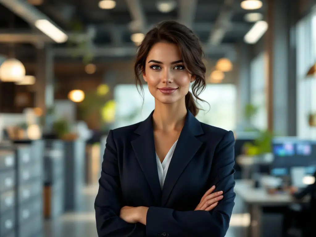 Professionele zakenvrouw in marineblauw pak tussen traditionele en moderne kantooromgevingen, toont aanpassingsvermogen