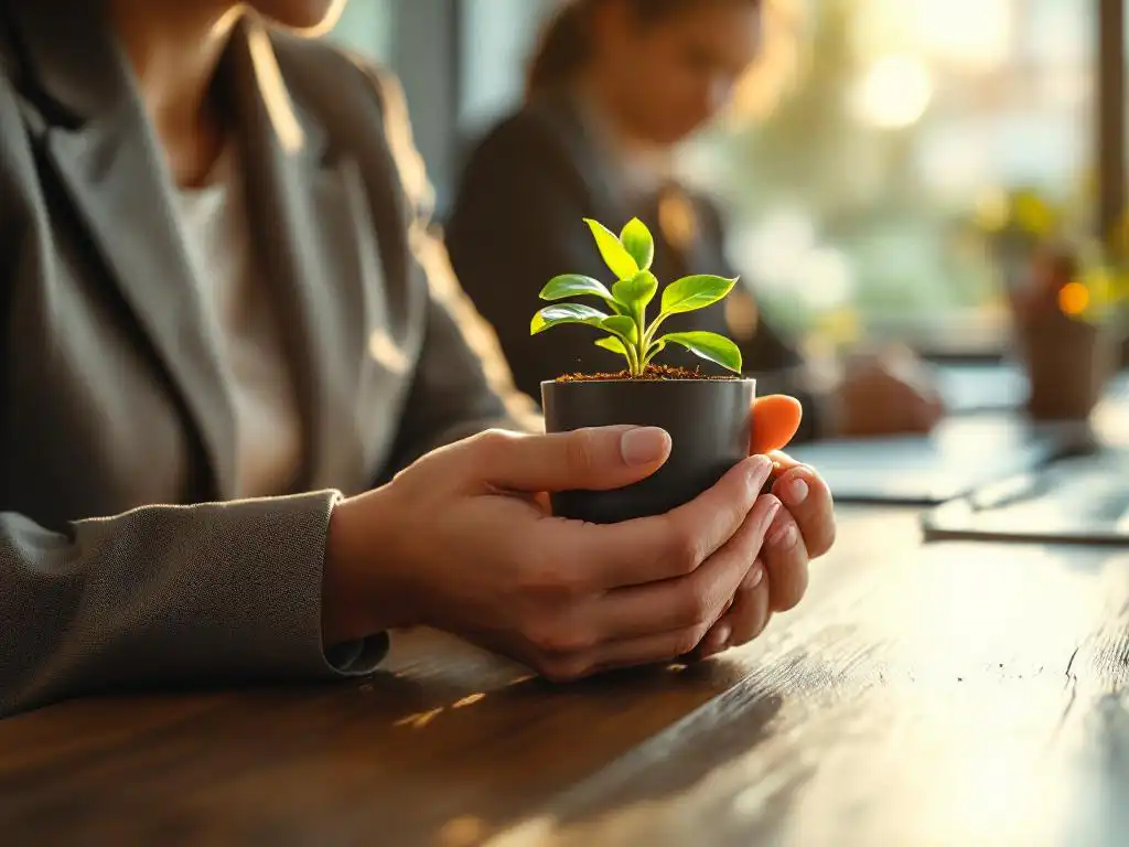 Zakenvrouw in blazer beschermt klein plantje met handen aan vergadertafel, collega's op achtergrond, natuurlijk licht