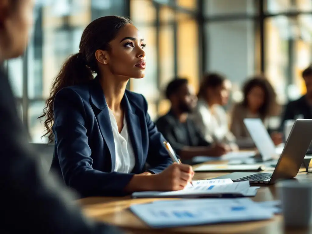 Professionele zakenvrouw maakt aantekeningen tijdens bedrijfstraining met laptop en collega's op achtergrond